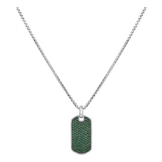 Men's .925 Sterling Silver Created Green Emerald Dog Tag Pendant Necklace - 22" Inches For Sale