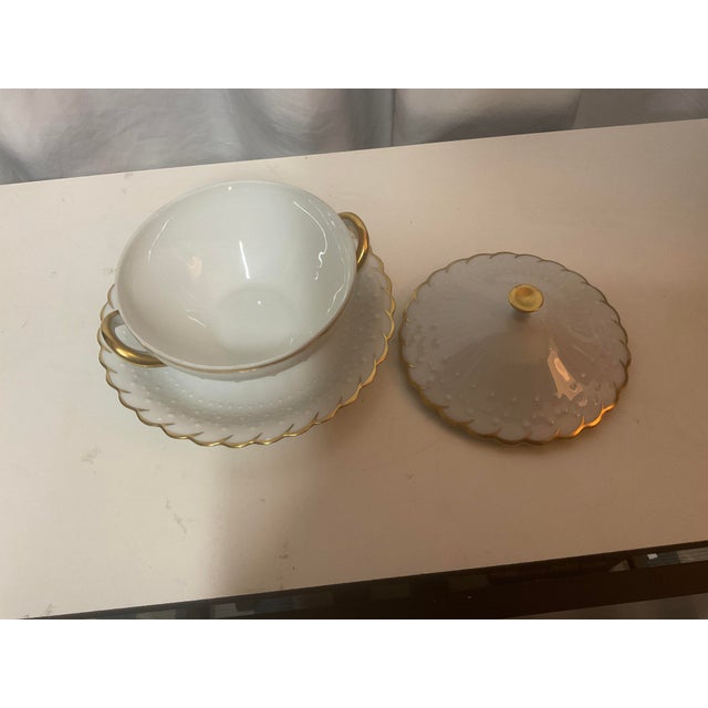 Georges Boyer Limoges Diademe cream soup bowl with lid and 6.5” saucer, featuring gold trim. Georges Boyer was a renowned...