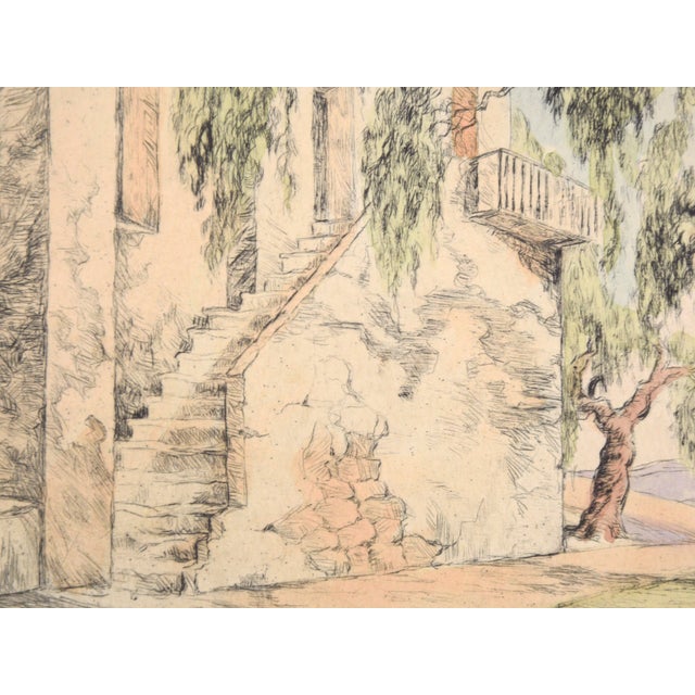 Tan Corkscrew Willows With Stairs - Hand Colored Drypoint Etching California Adobe by Orpha Klinker For Sale - Image 8 of 9