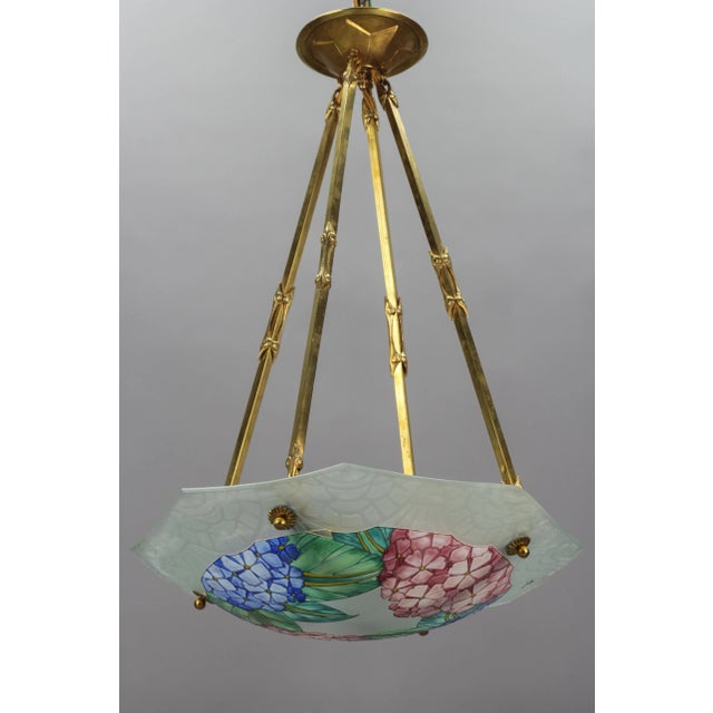 Art Deco Enameled Glass Four-Light Pendant Chandelier from Loys Lucha, 1930s For Sale - Image 9 of 18