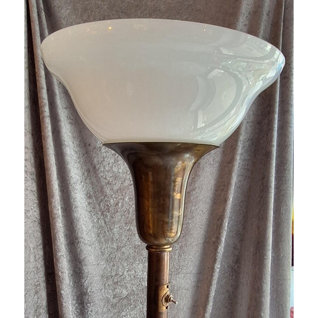 Art Deco German Floor Lamp with Brass Base and White Glass Shade, 1920s For Sale - Image 9 of 11