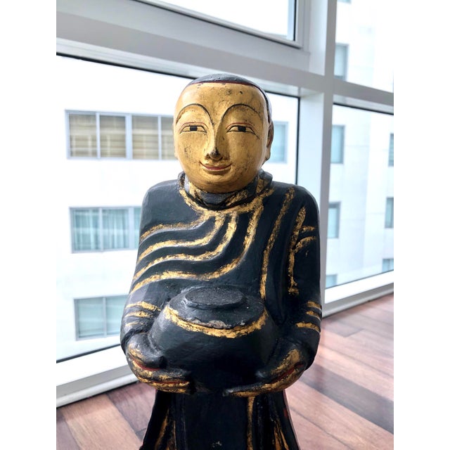 Asian Antique Set of Six Antique Southeast Asian Lacquered Wood Buddhist Temple Figures For Sale - Image 3 of 13