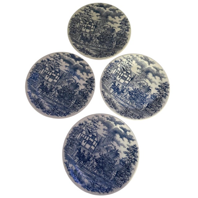 Ceramic Vintage Blue and White Transferware Plates With Coaching Scene by Oxford Pottery - A Set of 4 For Sale - Image 7 of 12