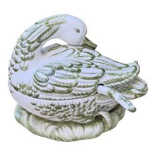 Vintage Italian Majolica Swan Tureen with Ladle For Sale
