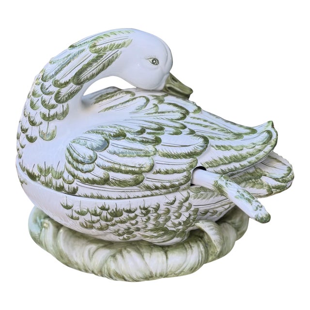 Vintage Italian Majolica Swan Tureen with Ladle For Sale