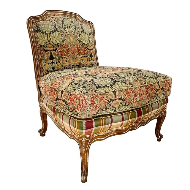 Wesley Hall Furniture Late 20th Century Louis XV Style Oversized Tapestry & Plaid Slipper Chairs by Wesley Hall - A Pair For Sale - Image 4 of 11