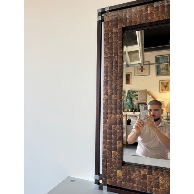 Vintage Coastal Organic Coconut Shell & Wood Wall Mirror With Metal Accents For Sale In Miami - Image 6 of 12