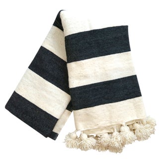 Black & White Pom Pom Moroccan Blanket For Sale