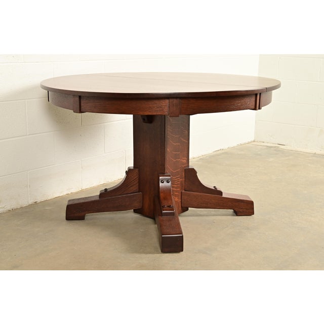 Stickley Brothers Stickley Brothers Antique Mission Oak Arts & Crafts Pedestal Extension Dining Table, Newly Refinished For Sale - Image 4 of 15