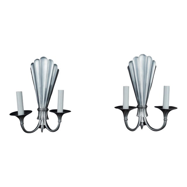 1980s Art Deco Pewter Two Arm Wall Sconces - a Pair For Sale
