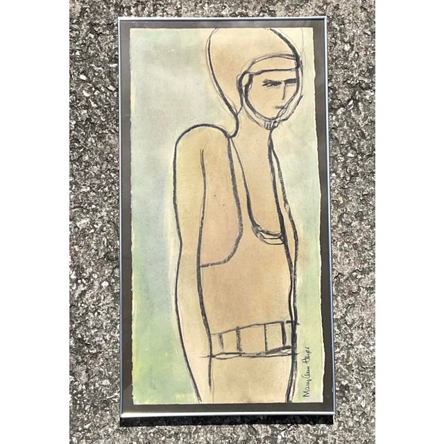 Vintage Boho Original Pastel and Watercolor Figurative Drawing on Paper For Sale In West Palm - Image 6 of 6