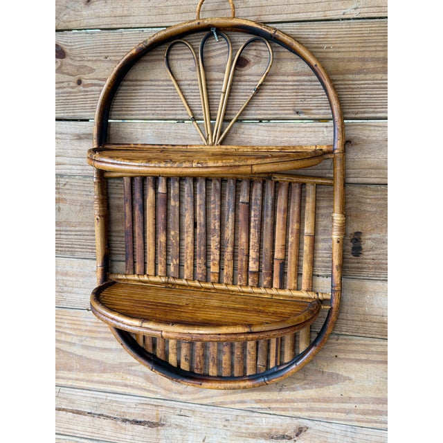 Wood Vintage Boho Coastal Burnt Bamboo Two Tiered Sculptural Wall Shelves For Sale - Image 7 of 12