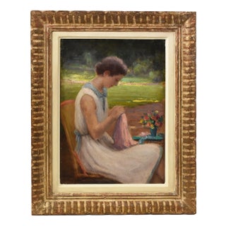 Henri-Charles Angéniol, Young Woman Sewing in the Garden, Oil on Wood, 20th Century, Framed For Sale