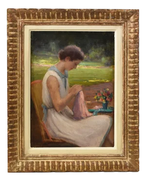 Henri-Charles Angéniol, Young Woman Sewing in the Garden, Oil on Wood, 20th Century, Framed
