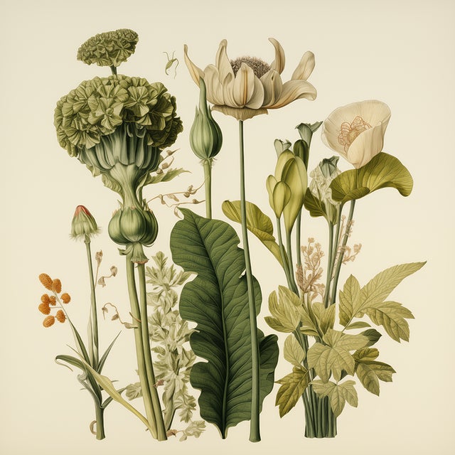 Paper 72' X 54' - Set of 12 Unframed Gallery Wall Installation Original Botanical Prints - Dark Green and Cream Background / Neutral Palette For Sale - Image 7 of 15