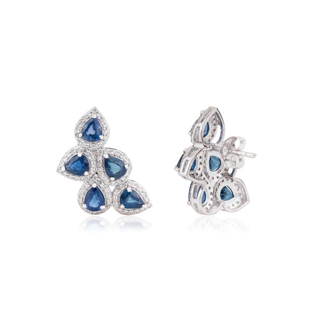 Metal 14k Solid Gold Wing-Shaped 4.02 Ct Blue Sapphire Diamond Cluster Earrings- 2 Pieces For Sale - Image 7 of 14