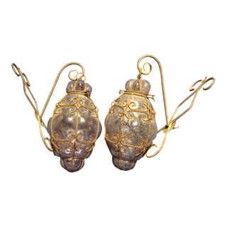 Pair of Antique Mediterranean Wrought Iron Lantern Sconces With Moroccan Purple Glass For Sale