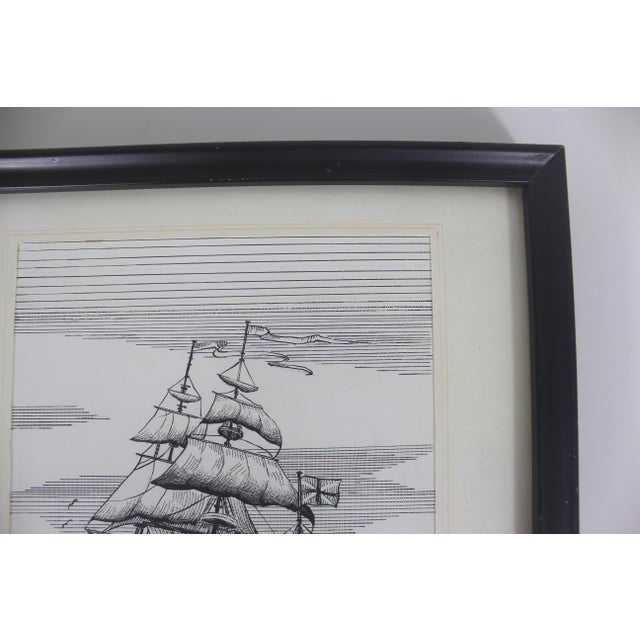 Drawing/Sketching Materials Vintage Pen and Ink Clipper Sailing Ship Framed Art Signed by Artist Sailboat Black and White Small For Sale - Image 7 of 11