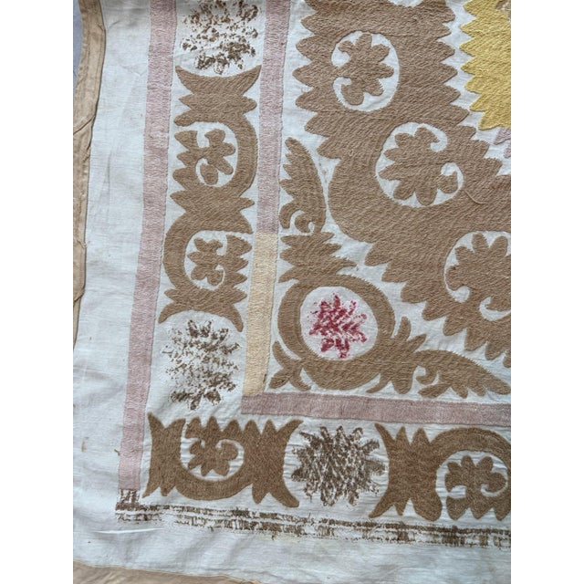 Tan Uzbekistan Suzani Tablecloth - Tribal Textile 4' X 4'1'' For Sale - Image 8 of 18