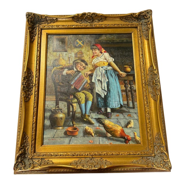1930s Victorian Oil Painting Signed After Eugenio Zampighi by M.Blanco 22x26 For Sale