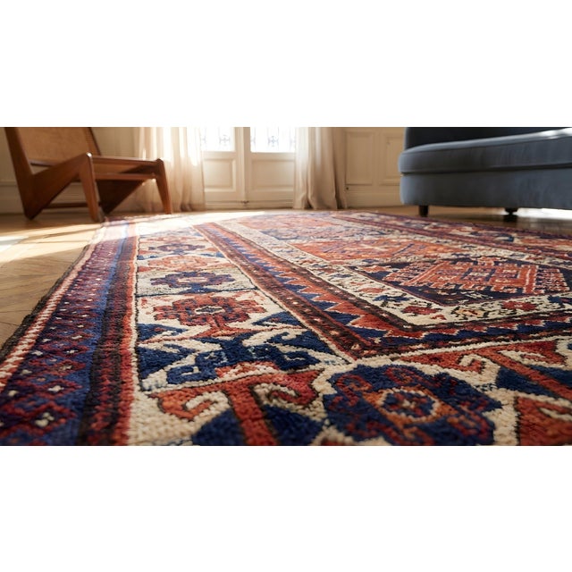 Textile 1880s Ivory Red Diamond Tribal Hand Knotted Antique Caucasian Kazak Rug 3'8" X 6'9" Wool Carpet For Sale - Image 7 of 8