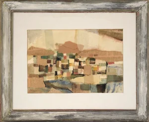 Mid 20th Century Patchwork Abstracted Landscape Mixed-Media Drawing, Framed