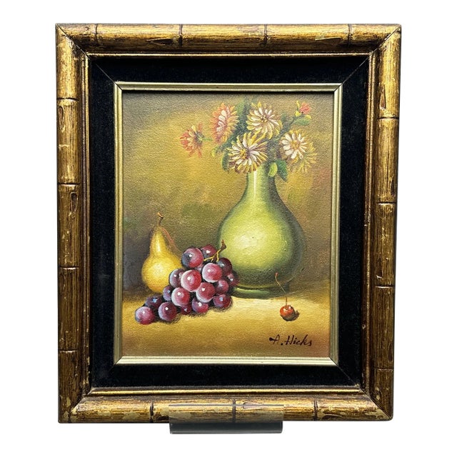 Vintage A. Hicks Signed Original Still Life Oil Painting Featuring Pear, Grapes and Flowers For Sale