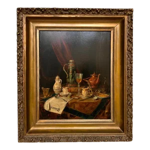 Still-Life by Austrian Josef Mansfeld 1888, Framed & Signed 19th Century Oil Painting of Teapot, Fish, Newspaper, Drape, Wine, Oysters & Pearl.