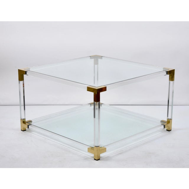 Italian Hollywood Regency Acrylic, Brass & Glass Square Cocktail Table, 1970s For Sale - Image 4 of 18