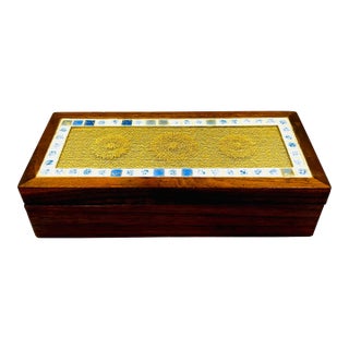 Mid 20th Century Georges Briard Regalia MCM Teak Wood Box W Mosaic Tile & Glass Inset Top For Sale
