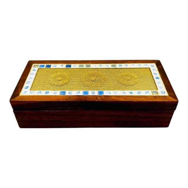 Mid 20th Century Georges Briard Regalia MCM Teak Wood Box W Mosaic Tile & Glass Inset Top For Sale