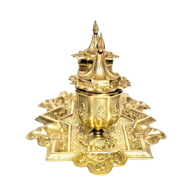 Victorian Era Aesthetic Movement French Solid Brass Antique Double Inkwell With Porcelain Inserts, ca.1880 For Sale - Image 4 of 11