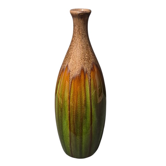 Mid-Century Modern Drip Glaze Pottery Green Earth Tone Vase For Sale - Image 6 of 6