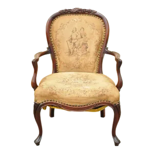Vintage French Victorian Style Carved Mahogany Frame Lounge Arm Chair