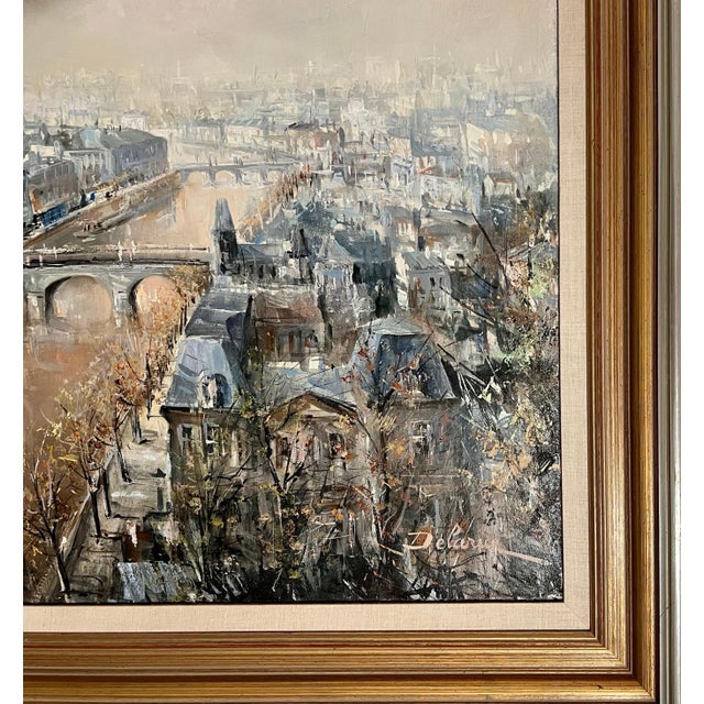 Lucien DelarueLarge French Oil Painting Paris, Seine River w Bridge, Landscape, Lucien Delarue, c.1950's For Sale - Image 10 of 12