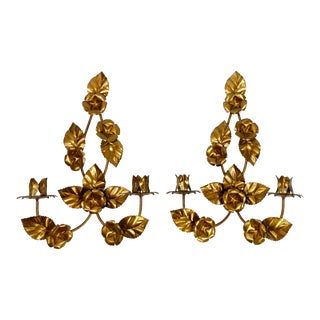 Vintage Italian Gilt Metal Wall Candle Sconces, a Pair For Sale
