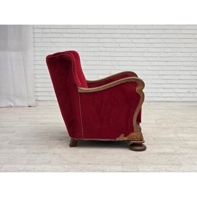 1950s Danish Relax Armchair in Furniture Velour and Carved Oak Wood, 1950s For Sale - Image 5 of 18