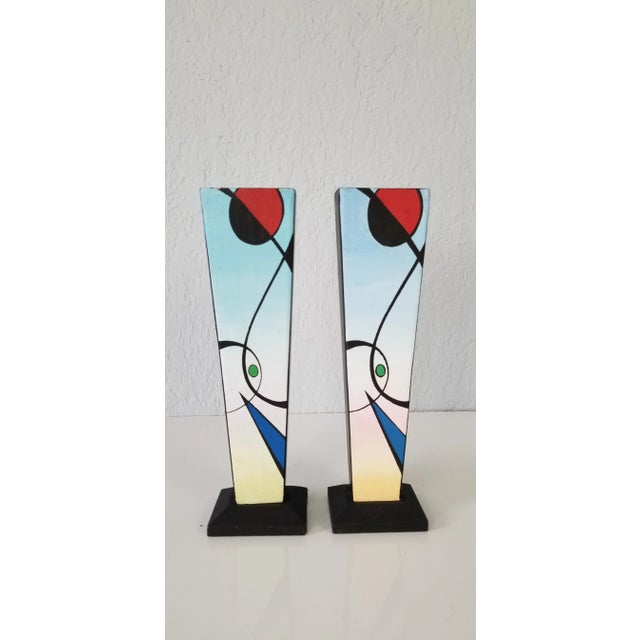 Wood 1990s Postmodern Memphis Style Hand Painted Candle Holders - A Pair/ Sold For Sale - Image 7 of 7