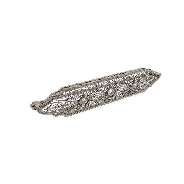 Contemporary Art Deco Platinum Diamond 14k White Gold Filigree Long Brooch For Sale - Image 3 of 6