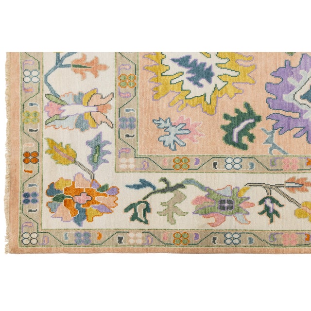 Textile Contemporary Hand-Knotted Oushak Style Wool Rug in Soft Peach, Lavender & Ochre For Sale - Image 7 of 12