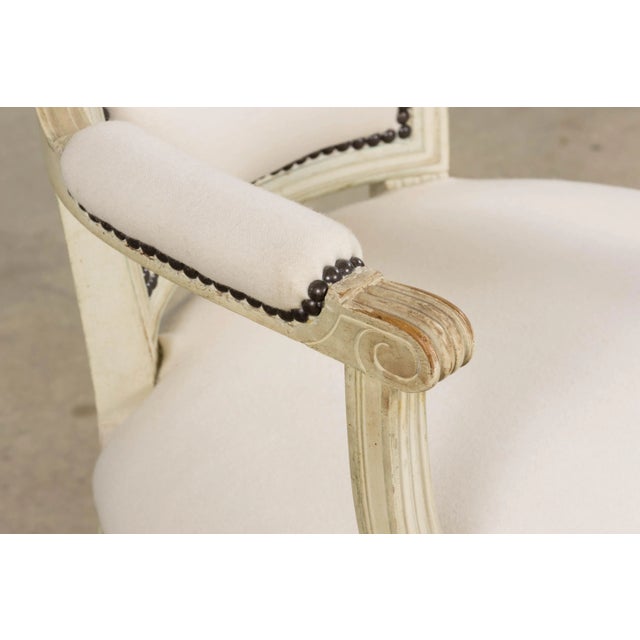 Off-white Antique French Louis XVI Painted Armchairs in Off-White Wool - A Pair For Sale - Image 8 of 18