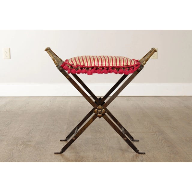 Art Deco 1920s Art Deco Period Wrought Iron & Brass X Base Bench For Sale - Image 3 of 13