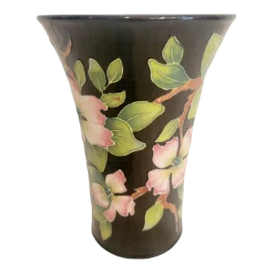 Vintage J McCall Black Green Pink Ceramic Floral Vase