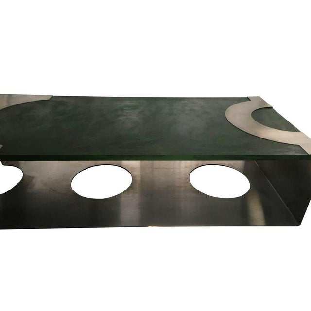 Post-Modern Green Patinated Wood and Stainless Steel Coffee Table, 1970s For Sale - Image 6 of 16