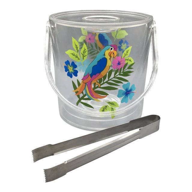 Vintage Lucite Parrot Ice Bucket With Removable Insert and Stainless Steel Ice Tongs For Sale