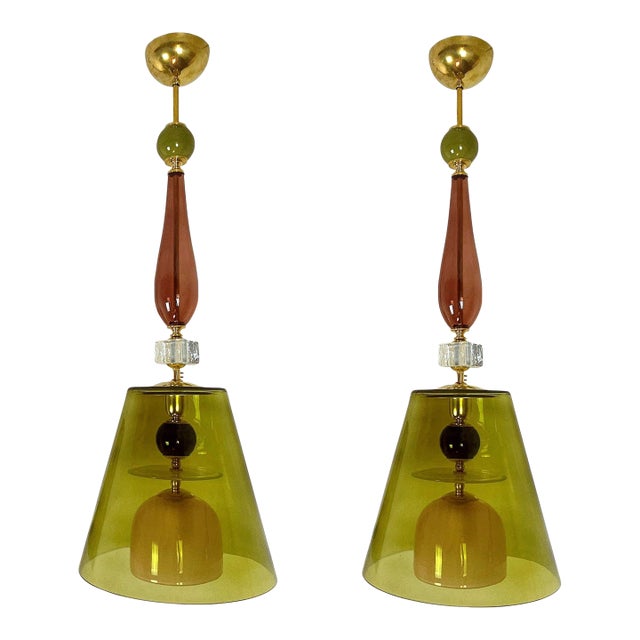 Pair of Olive Green Murano Pendant Lights, Italy For Sale