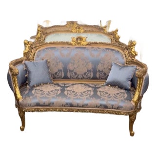Vintage Cherub Rococo Sette upholstery Blue Damask Canapa For Sale