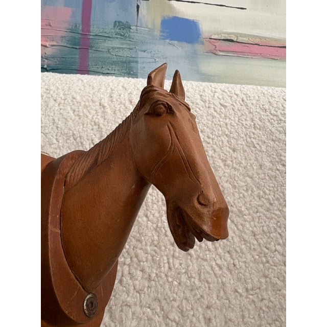 Vintage Hand-Carved Wooden Double Horse Head Wall Rack For Sale - Image 9 of 10
