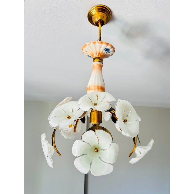 Mid 20th Century Italian Handmade Porcelain & White Murano Style Glass Daisy Chandeliers - a Pair For Sale - Image 4 of 17