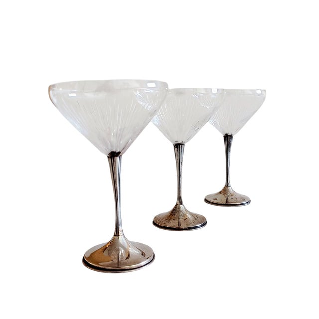 Art Deco Sterling Silver and Cut Cristal Handmade Champaign Glasses, Spain, 1940s, Set of 3 For Sale - Image 10 of 18